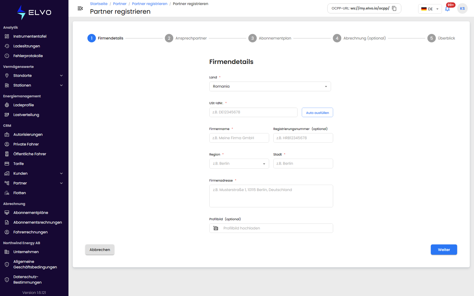 Registrierungsformular für das Partnerunternehmen