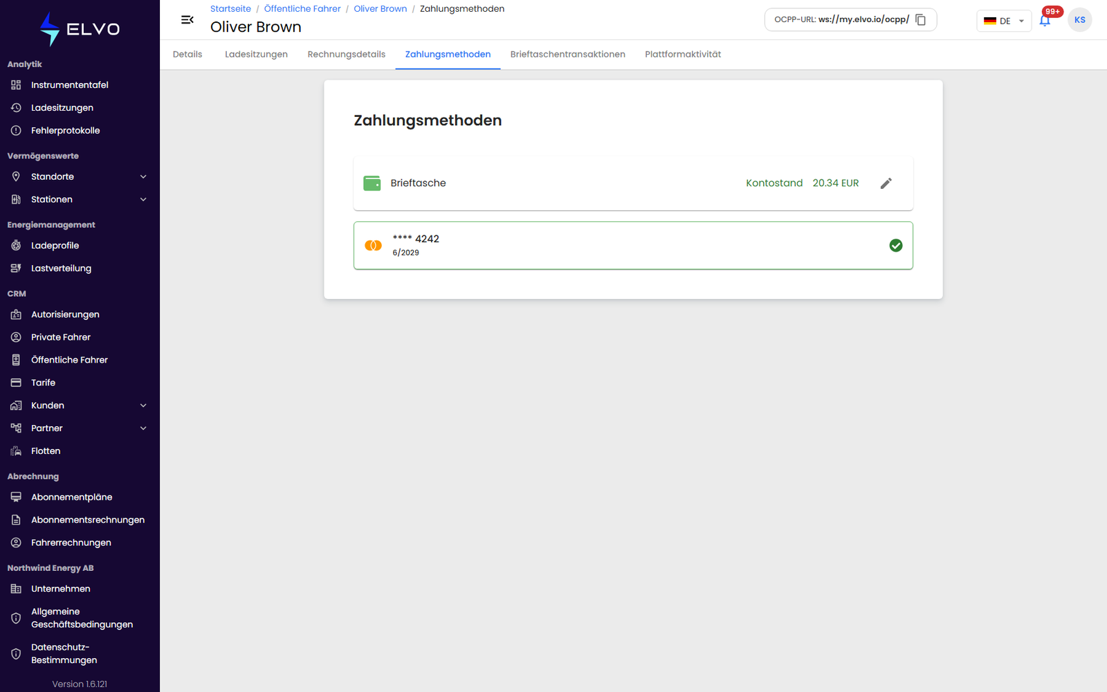 Registerkarte Zahlungsmethoden eines öffentlichen Fahrers mit gespeicherten Karten