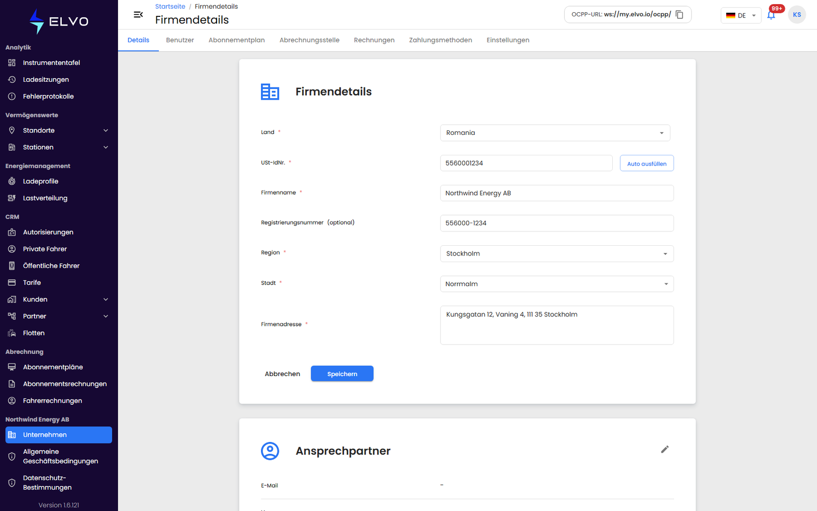Registerkarte Details des Unternehmens im Bearbeitungszustand mit hervorgehobener Schaltfläche „Speichern“