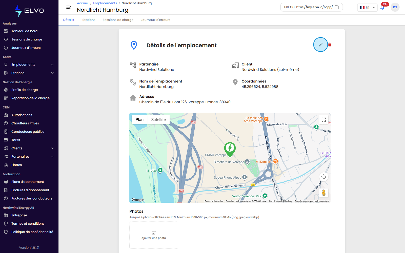 Bouton Modifier sur les détails d'un emplacement