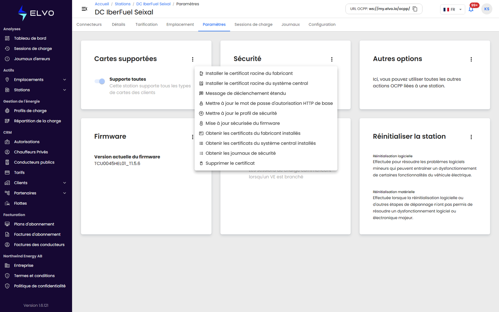 Menu d'actions de la carte Sécurité avec les options de certificat