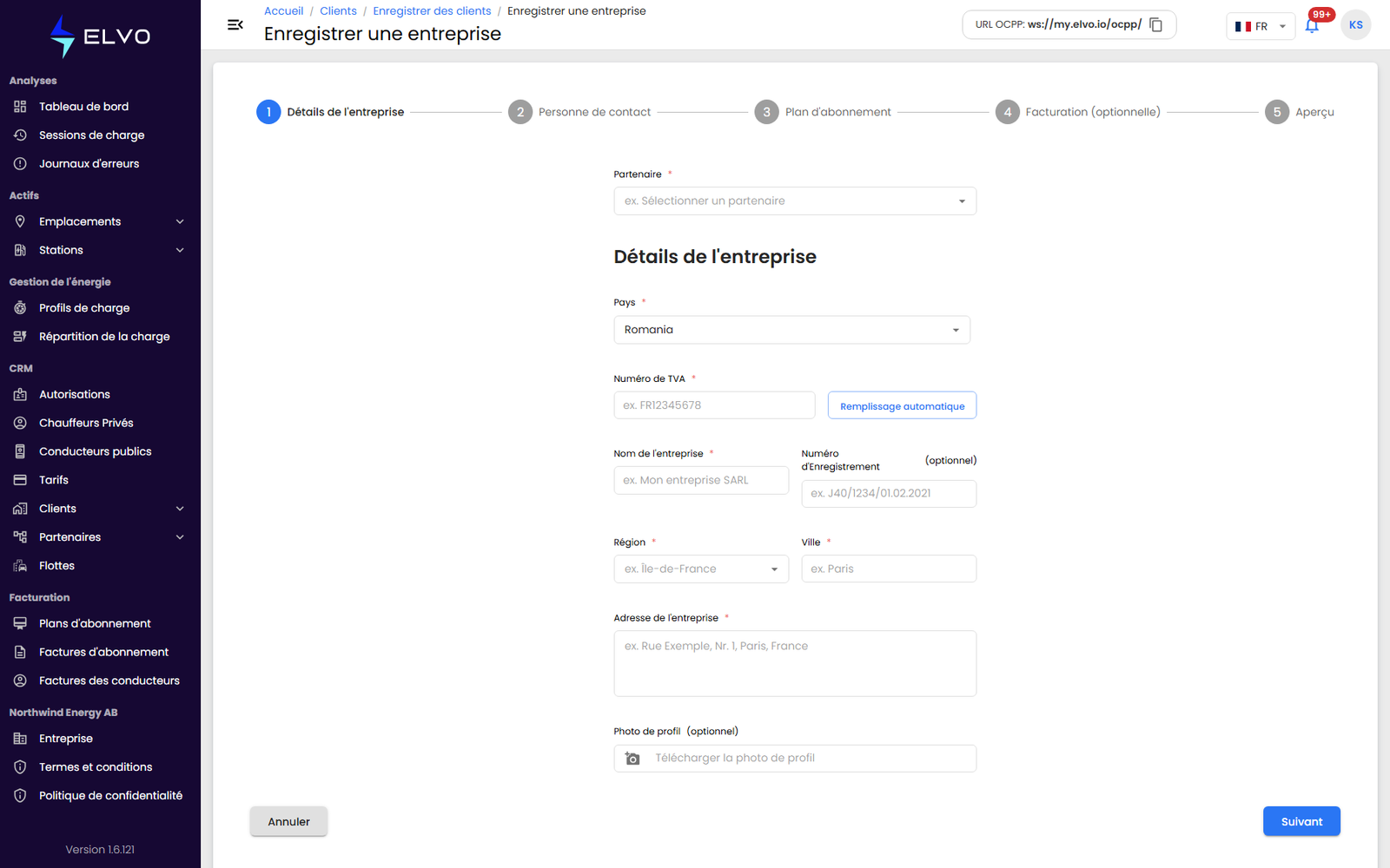 Formulaire d'enregistrement d'un client entreprise