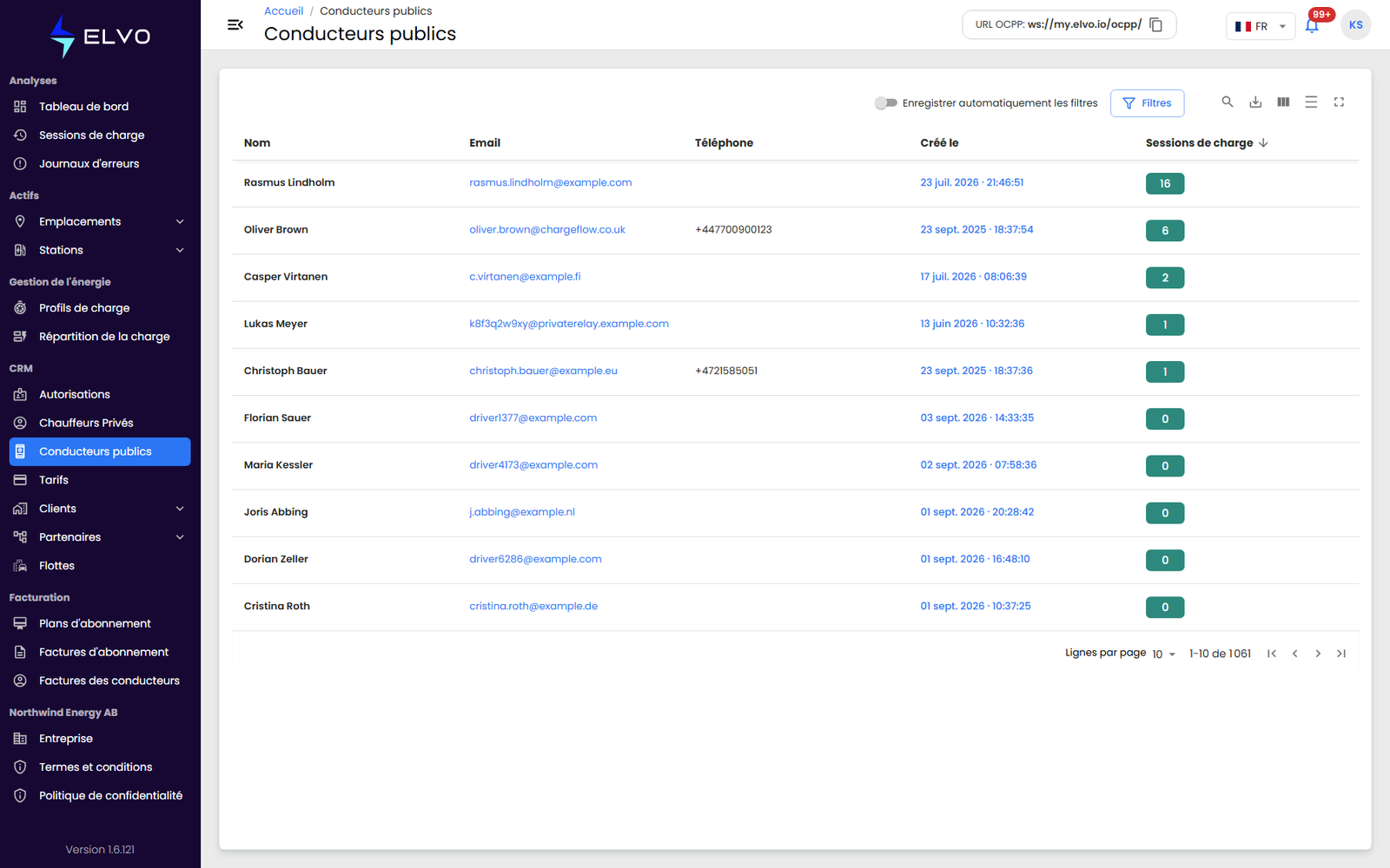 Liste des conducteurs publics, accessible depuis CRM > Conducteurs publics