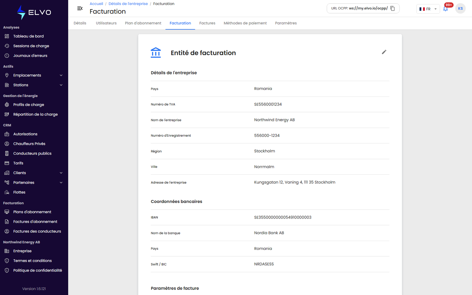 Onglet des informations de facturation de l'entreprise