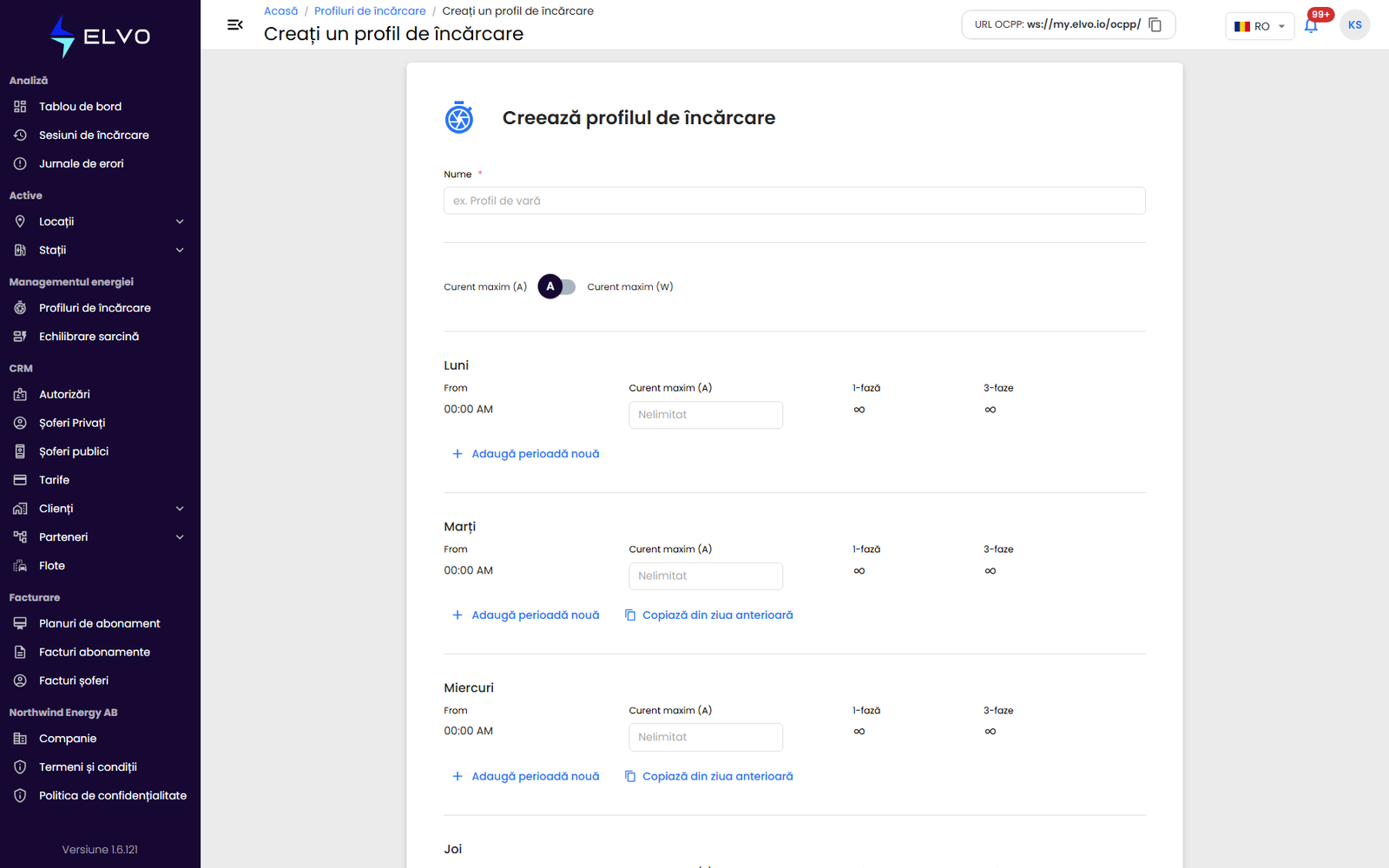 Formularul de creare a unui profil de încărcare