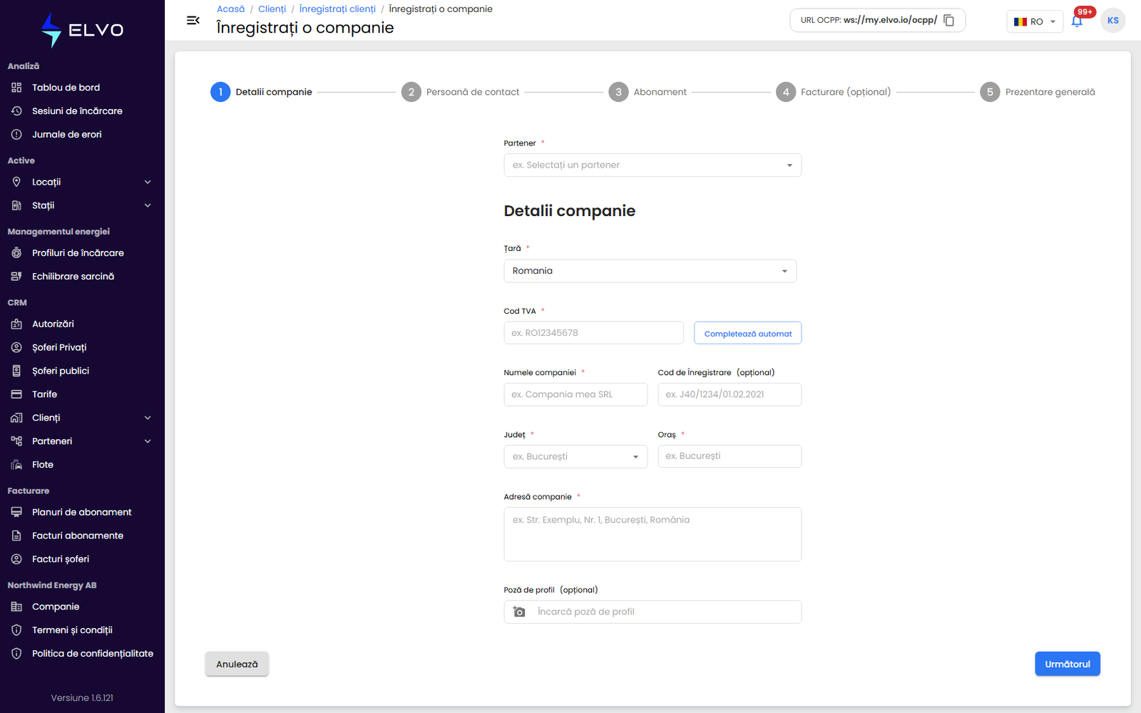 Formularul de înregistrare a unui client companie