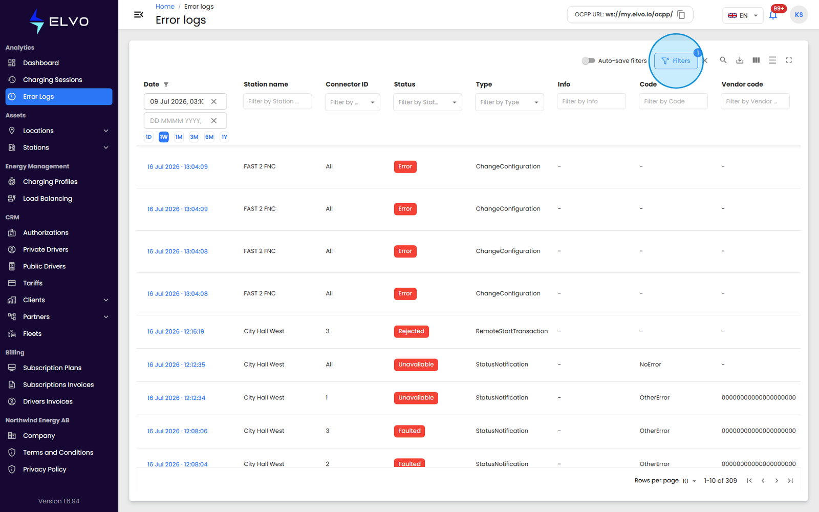 Error Logs filter row
