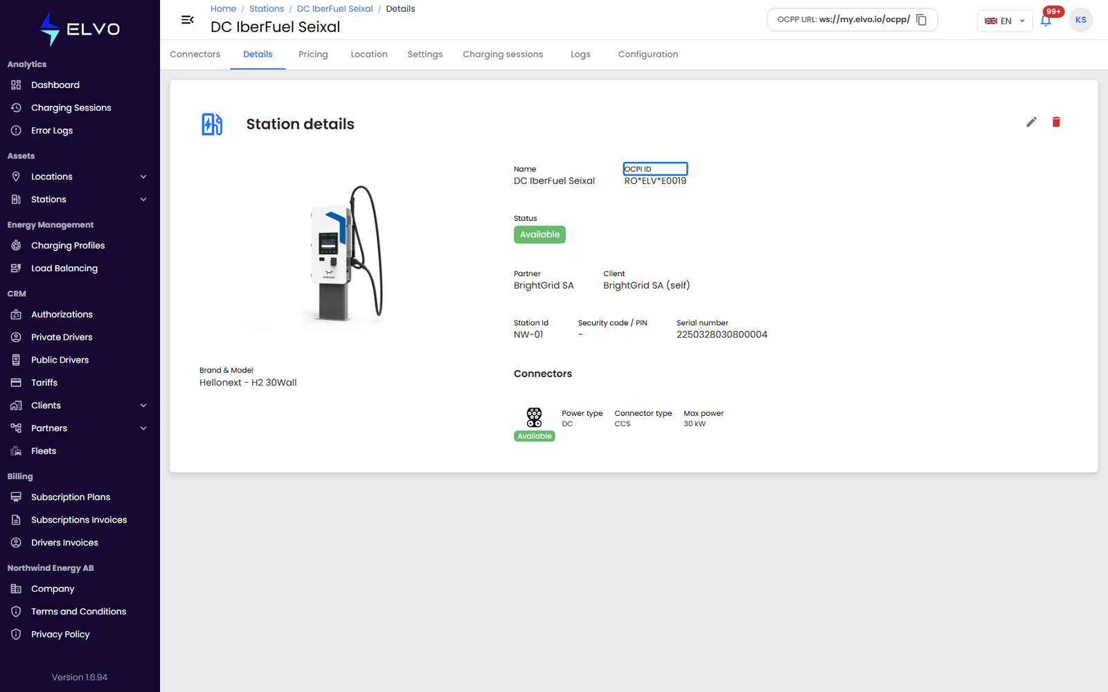 Details tab in view mode, showing Name and OCPI ID