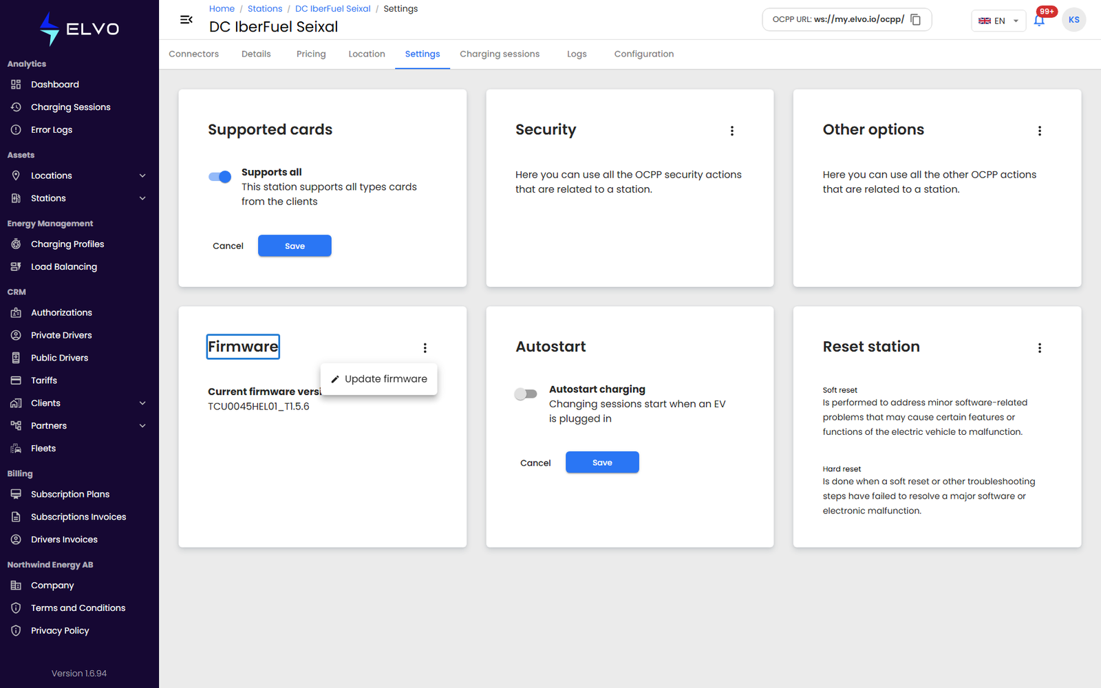 Firmware section with the actions menu open