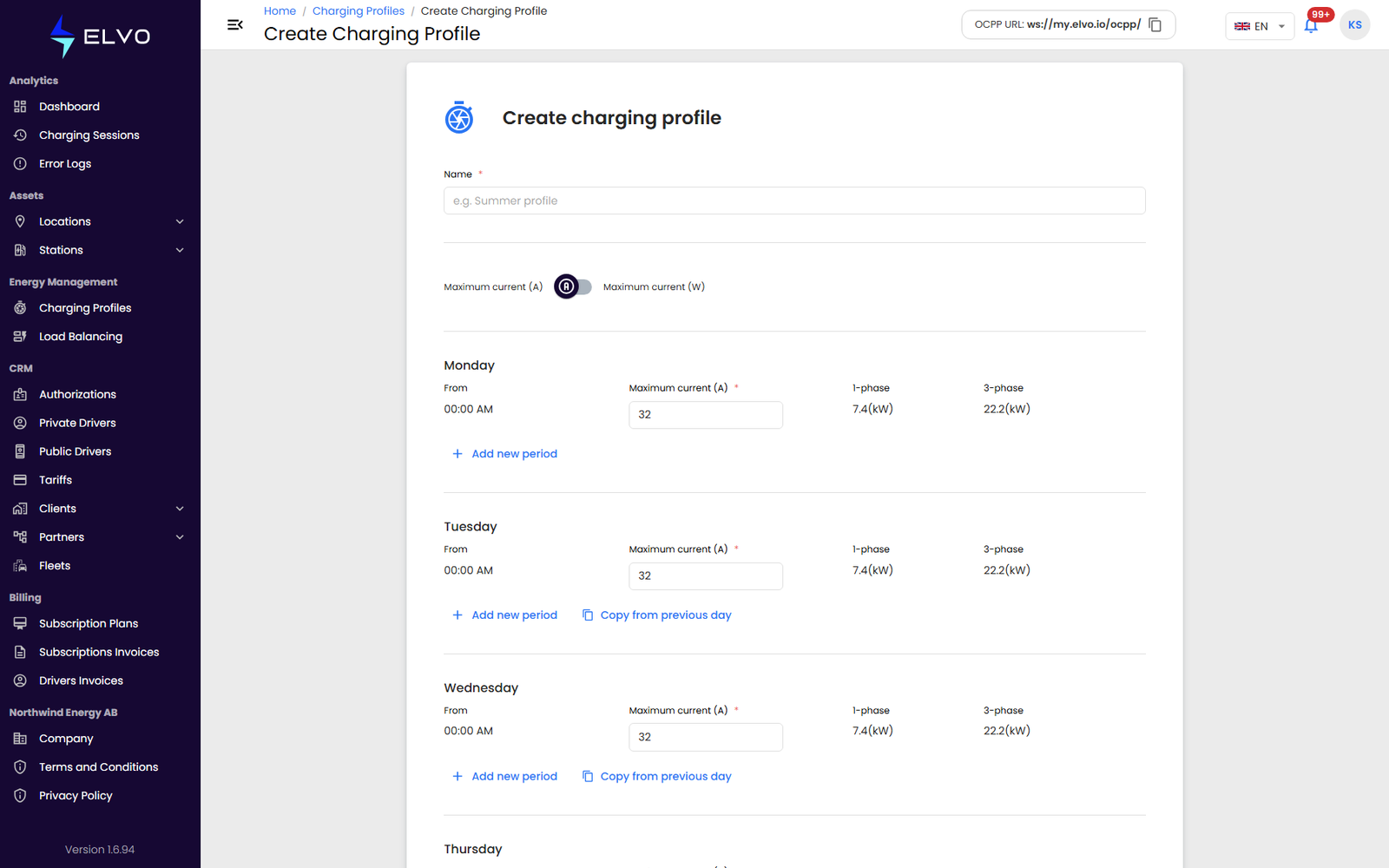 Charging profile create form