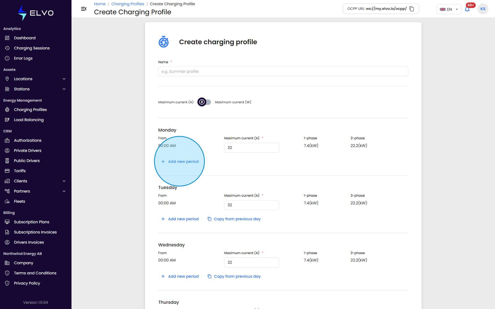 Charging profile period editor