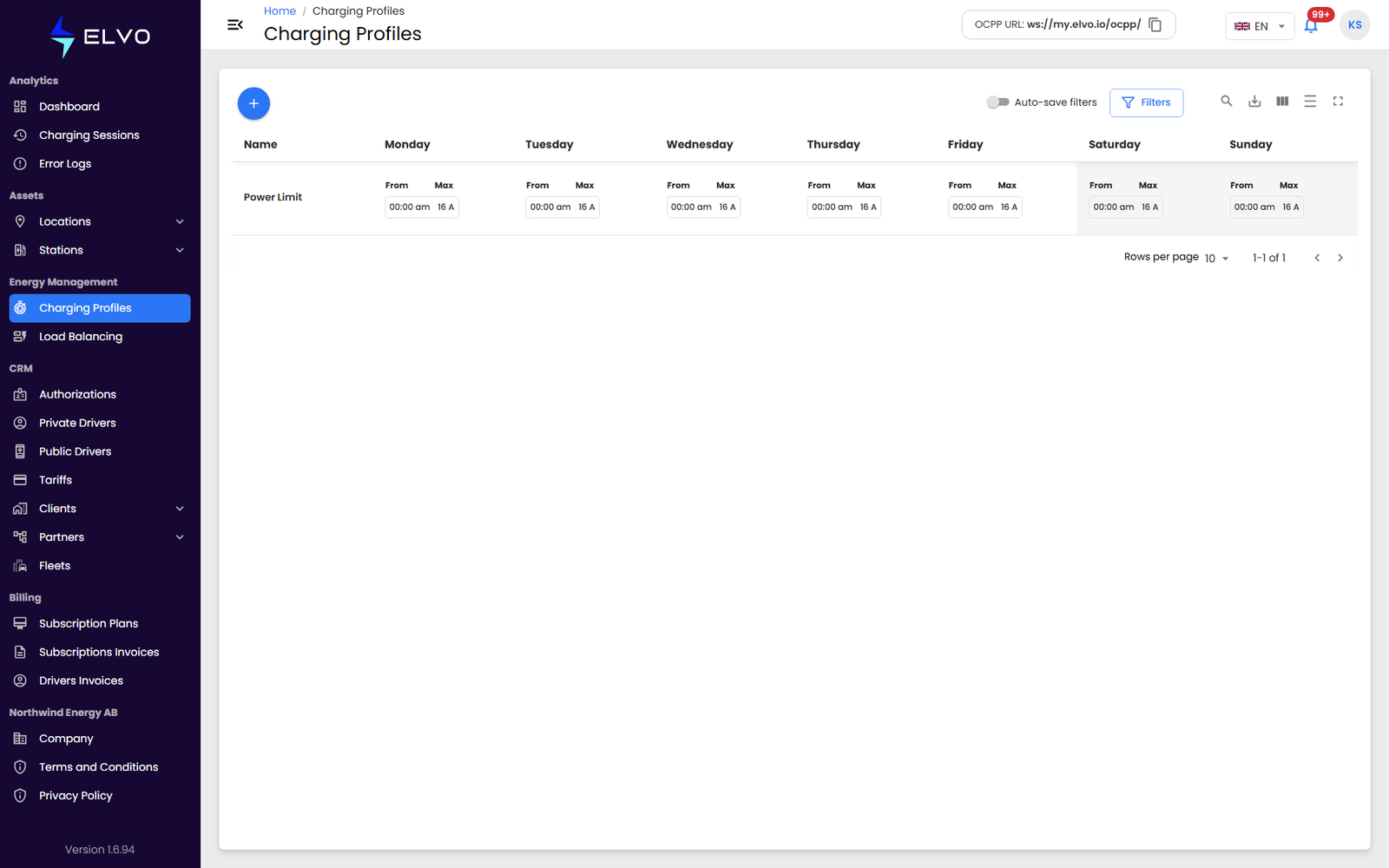 Charging profiles list