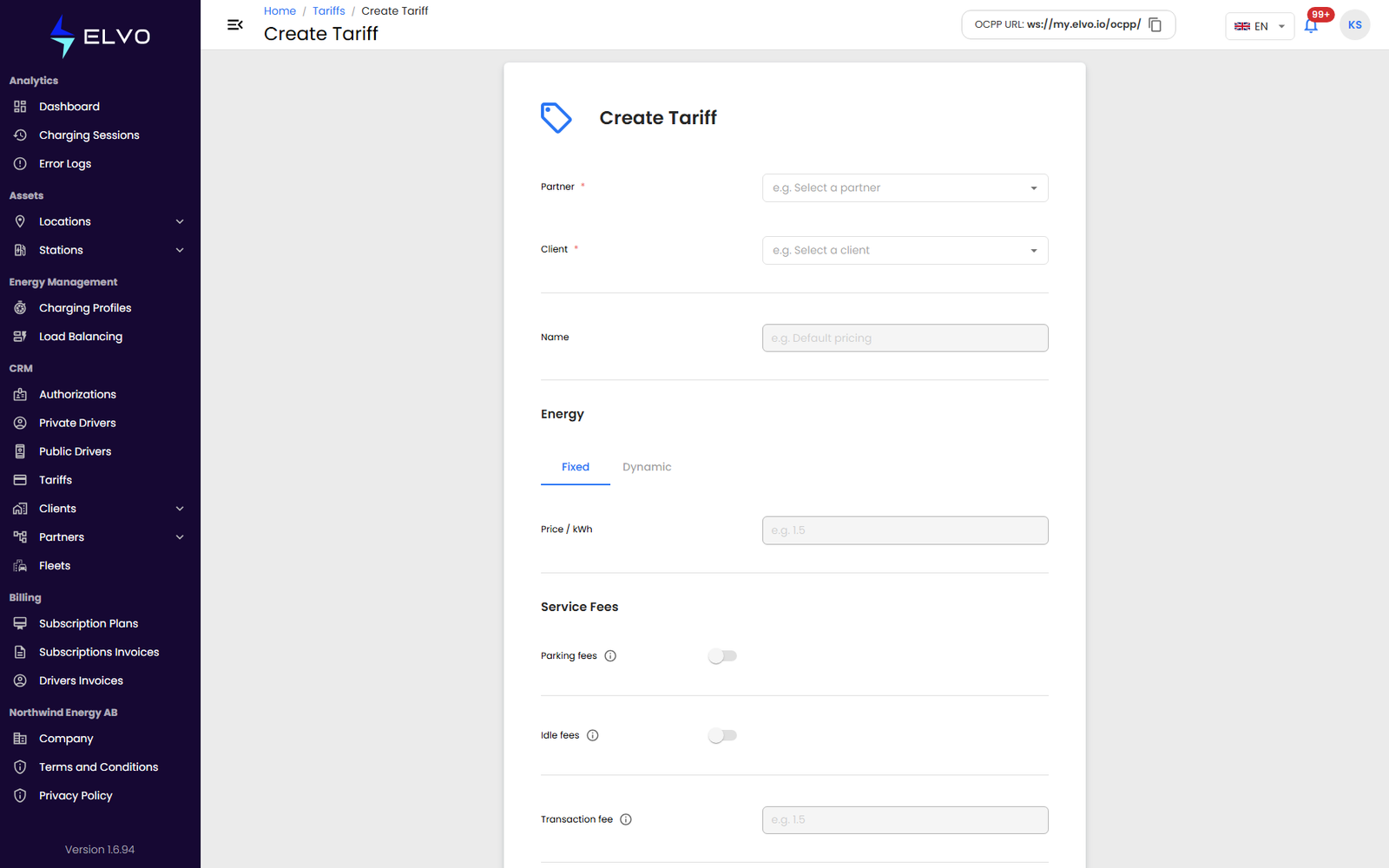 Create tariff — basic fields