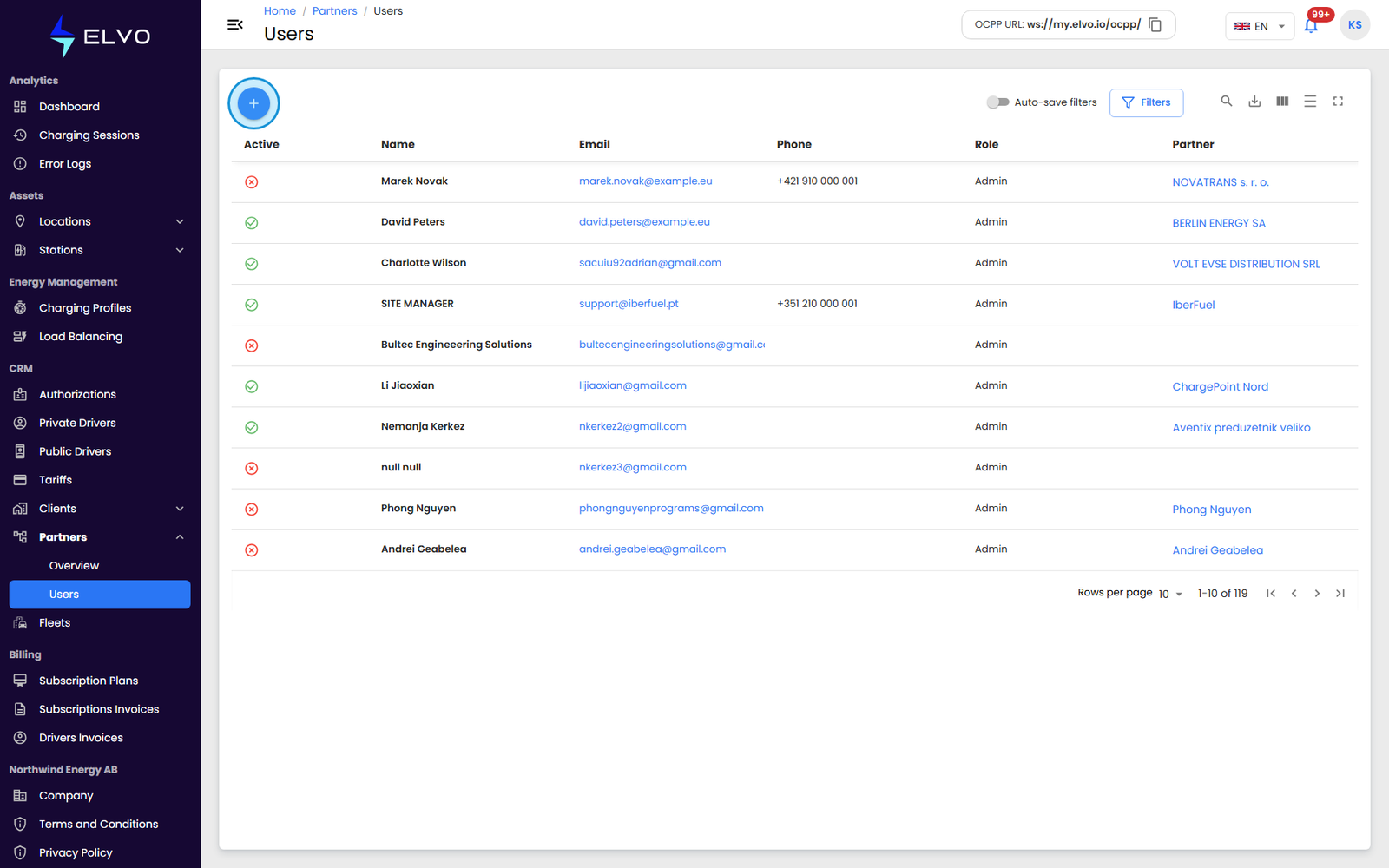Partners Users list with the add-user button highlighted