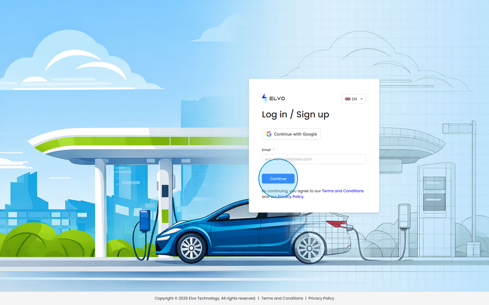 Login page email step with the Continue button