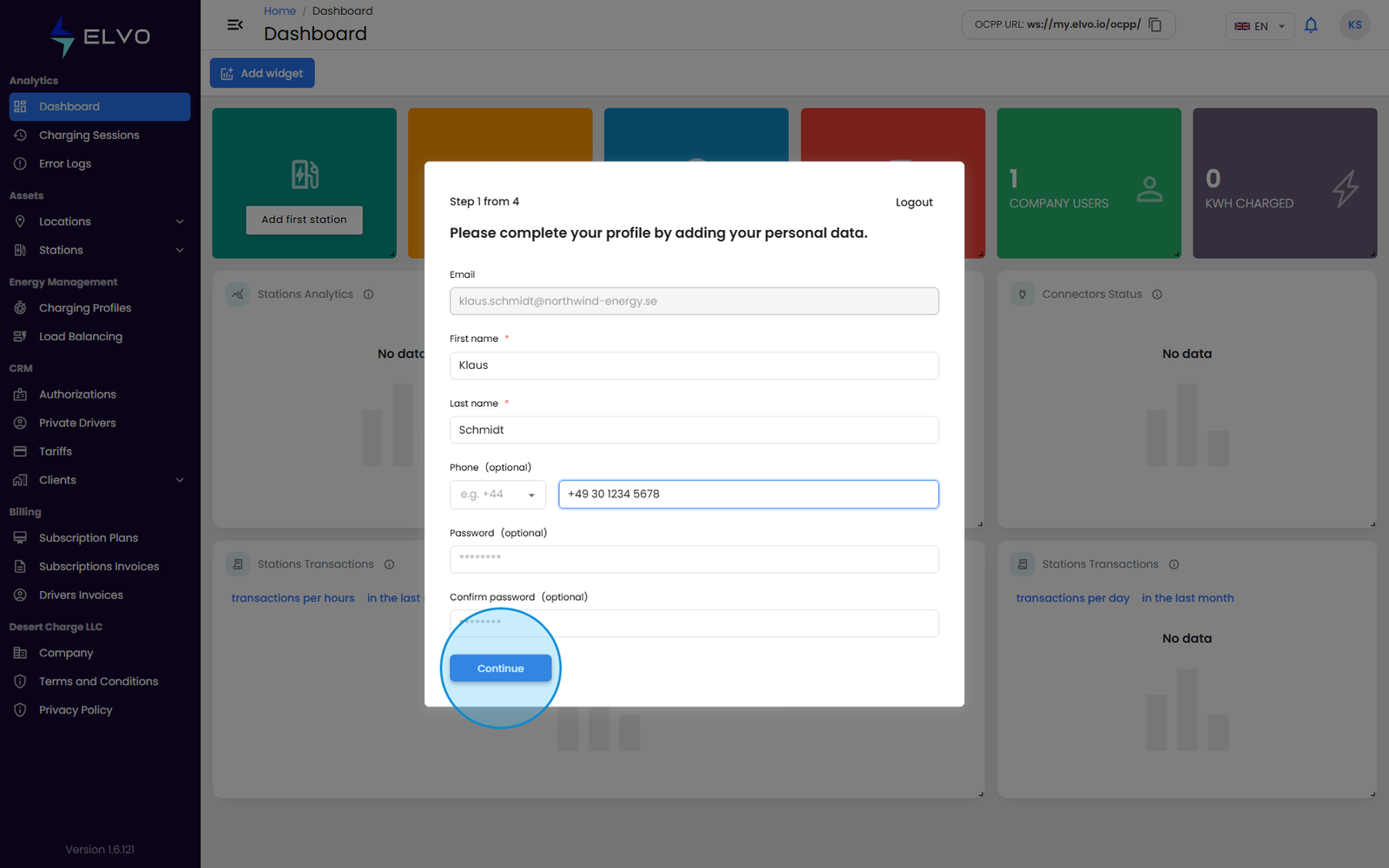 Onboarding wizard step 1, personal data