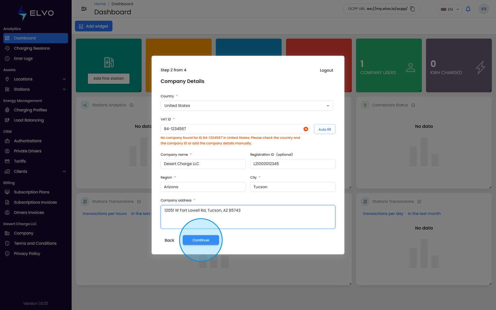 Onboarding wizard step 2, company details filled in
