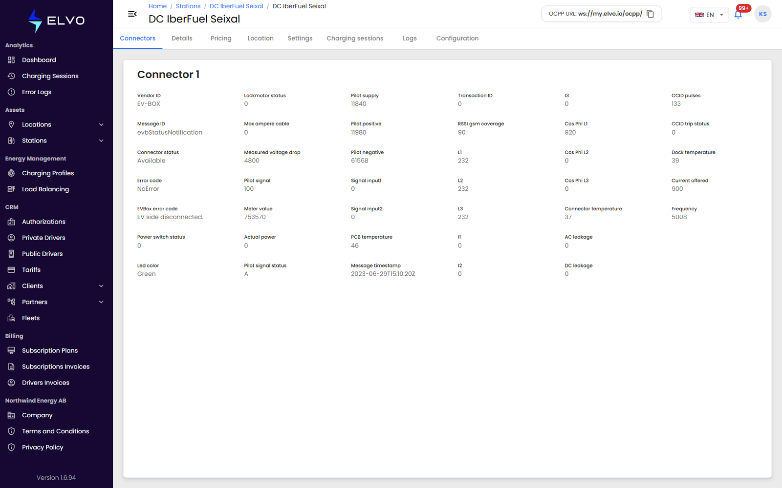 OCPP Diagnostics tab showing uploaded diagnostic entries