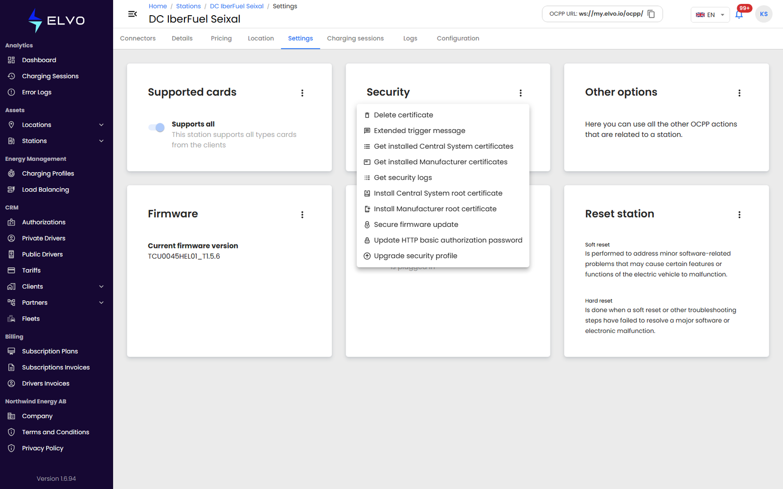 Security card action menu with certificate options
