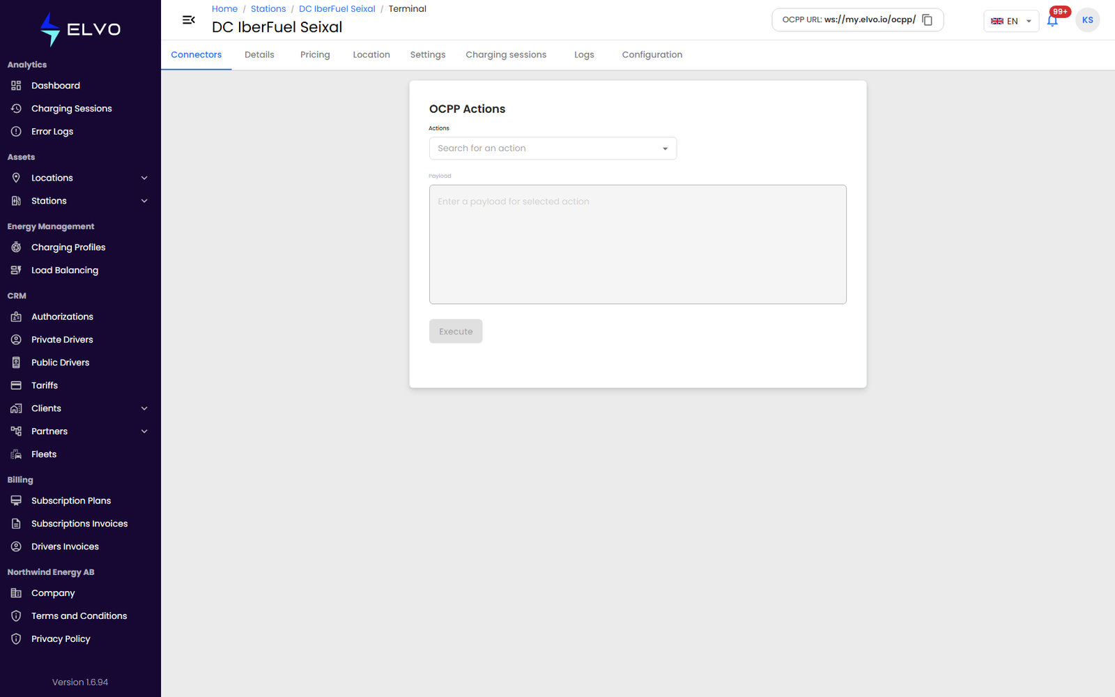 OCPP Terminal tab with the action dropdown and parameter form