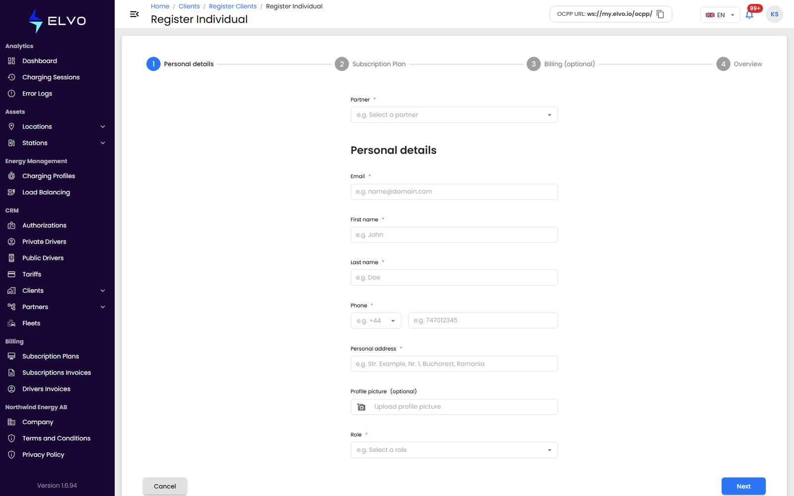 Individual client registration form