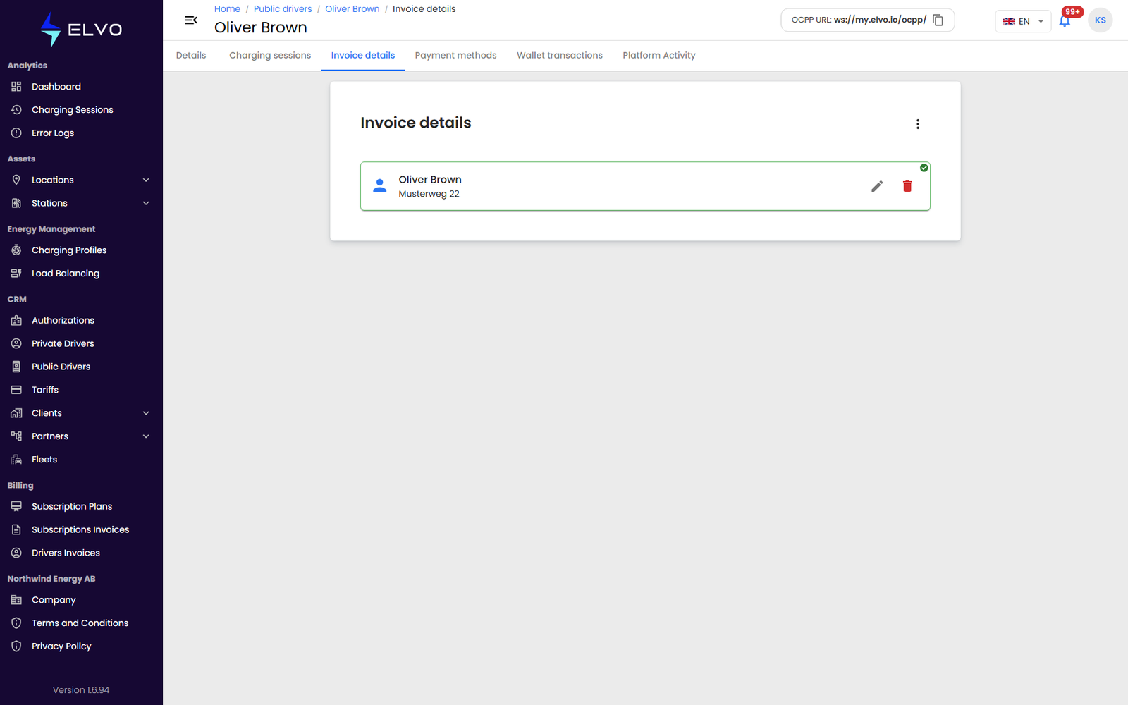 Invoice details tab showing a public driver's billing addresses