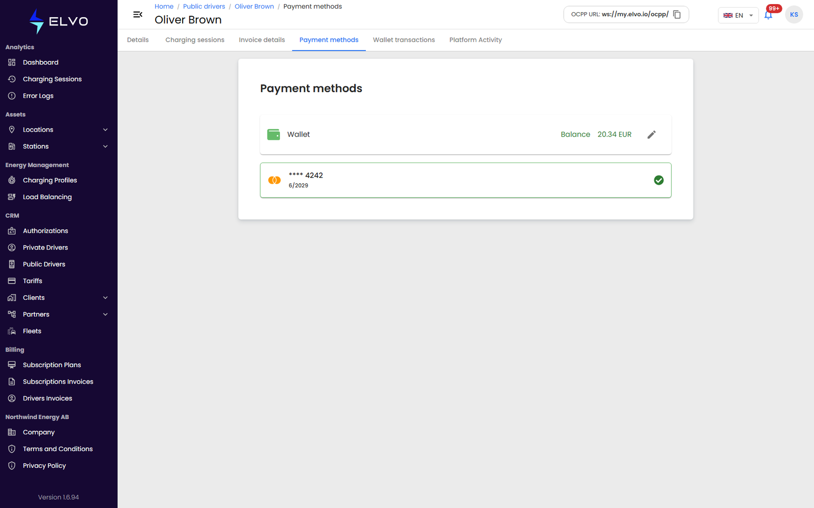 Public driver Payment methods tab showing saved cards