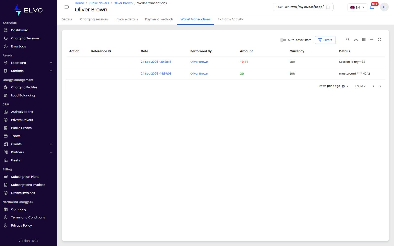 Public driver Wallet transactions tab showing balance and history