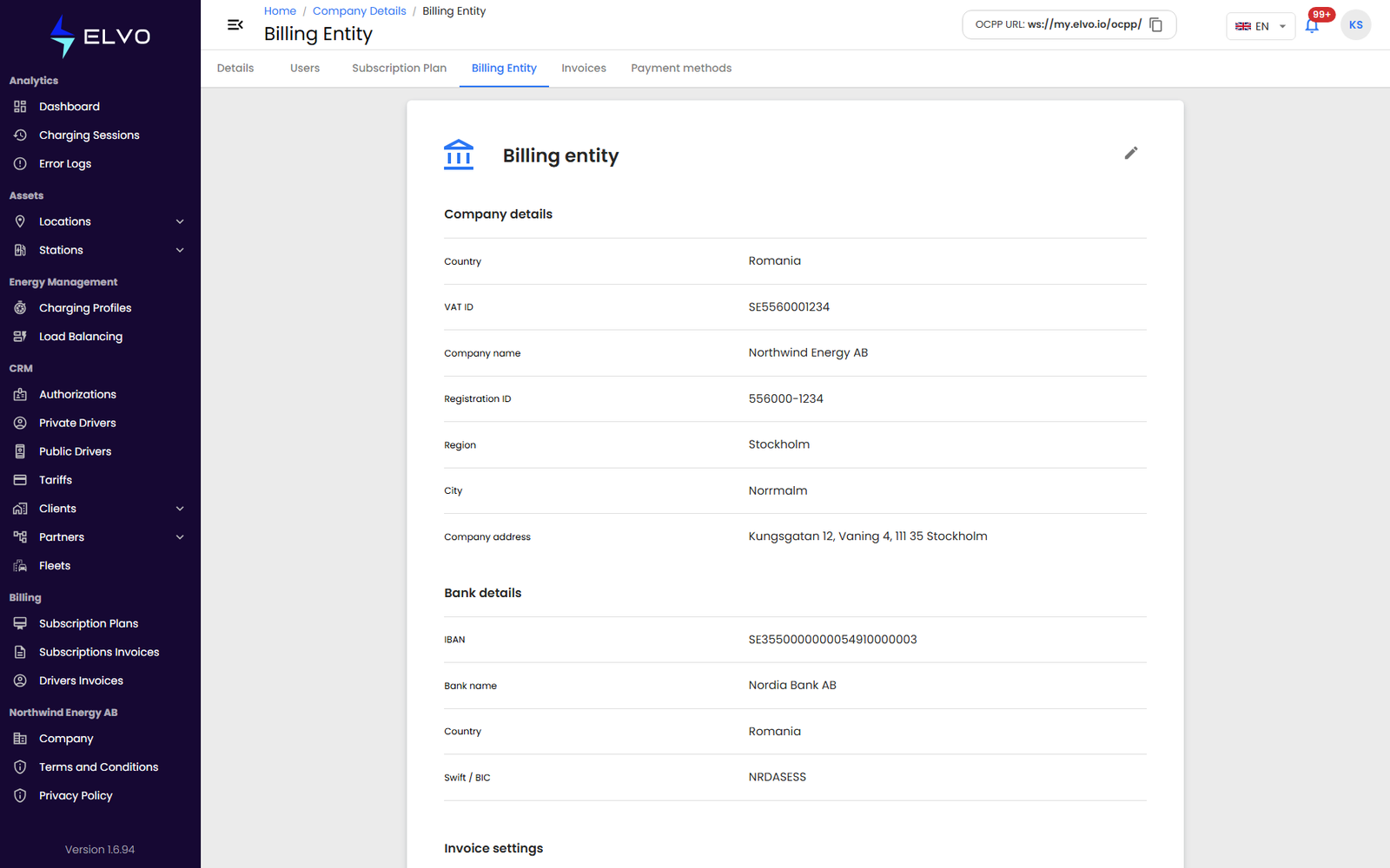 Company billing details tab