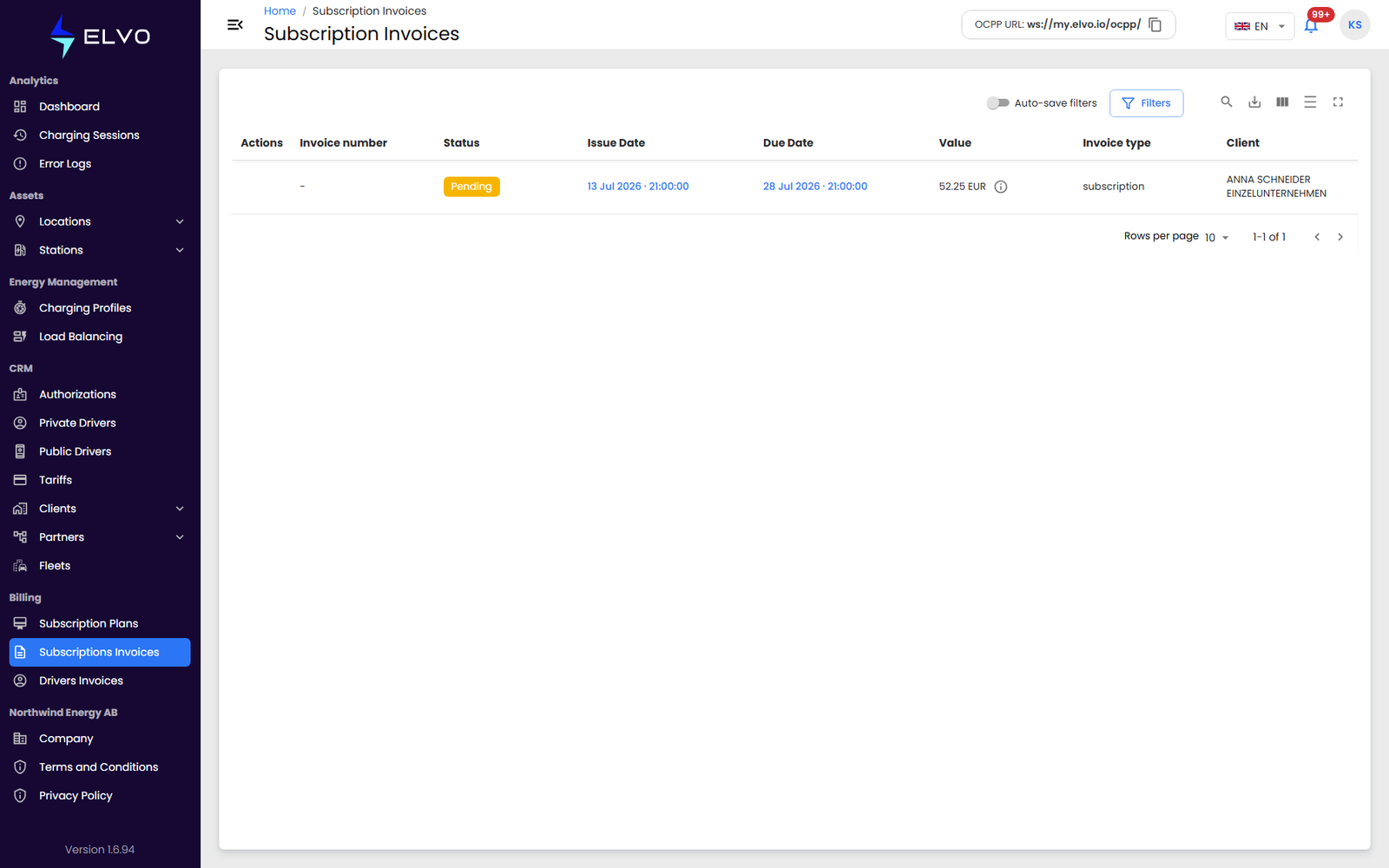 Subscription invoices list