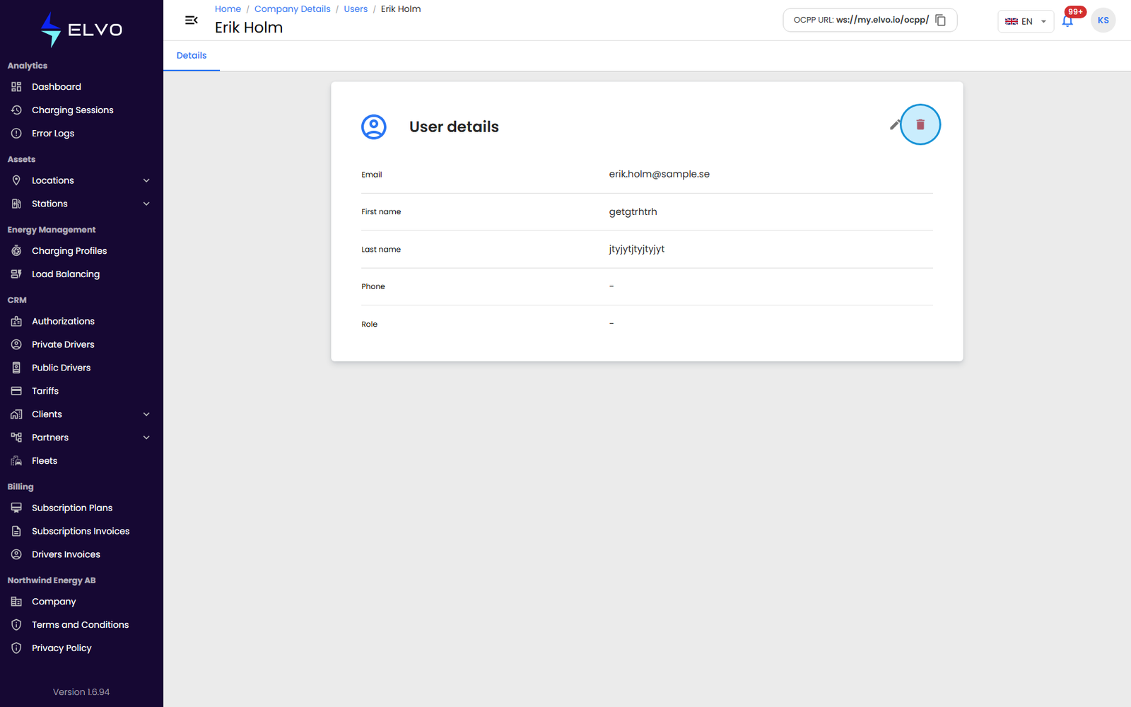 User detail page with the Delete user button highlighted