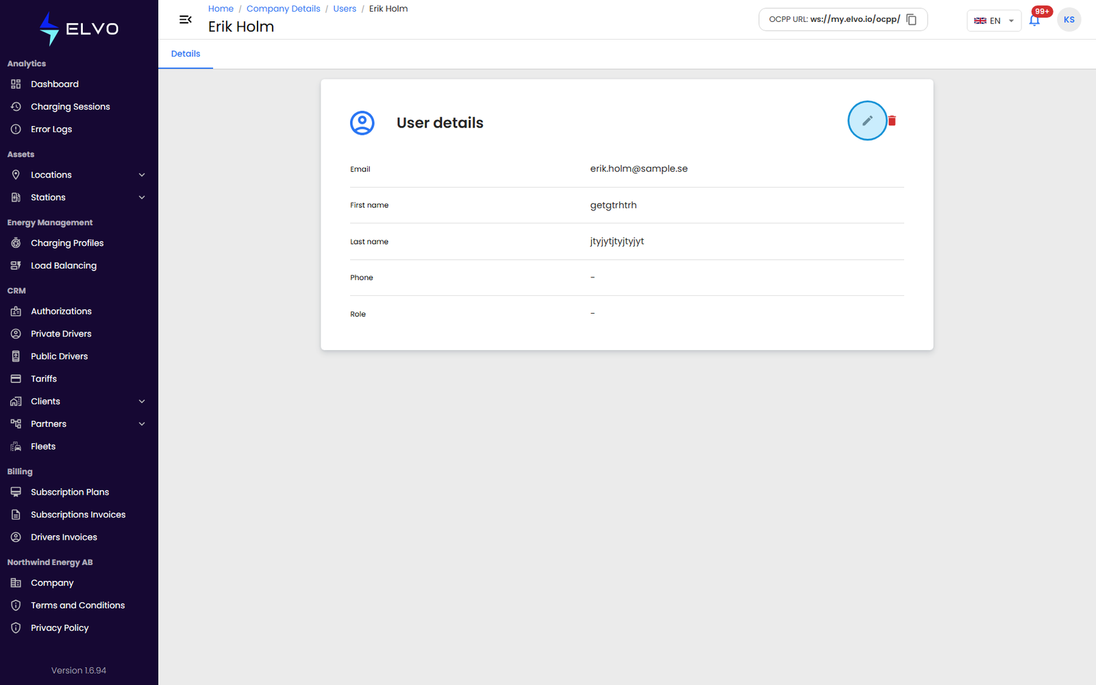 User Details tab in read-only view, with the Edit button highlighted