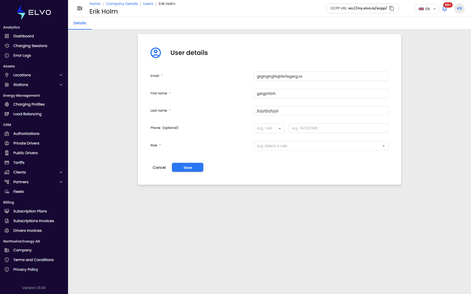 User edit form with fields open for editing, Save button highlighted