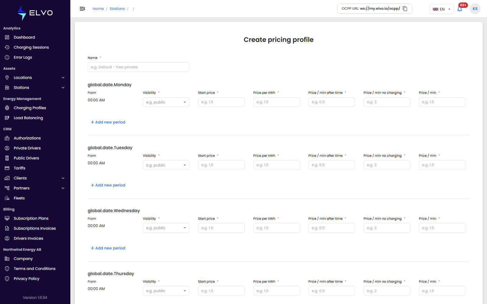 Create pricing week profile form